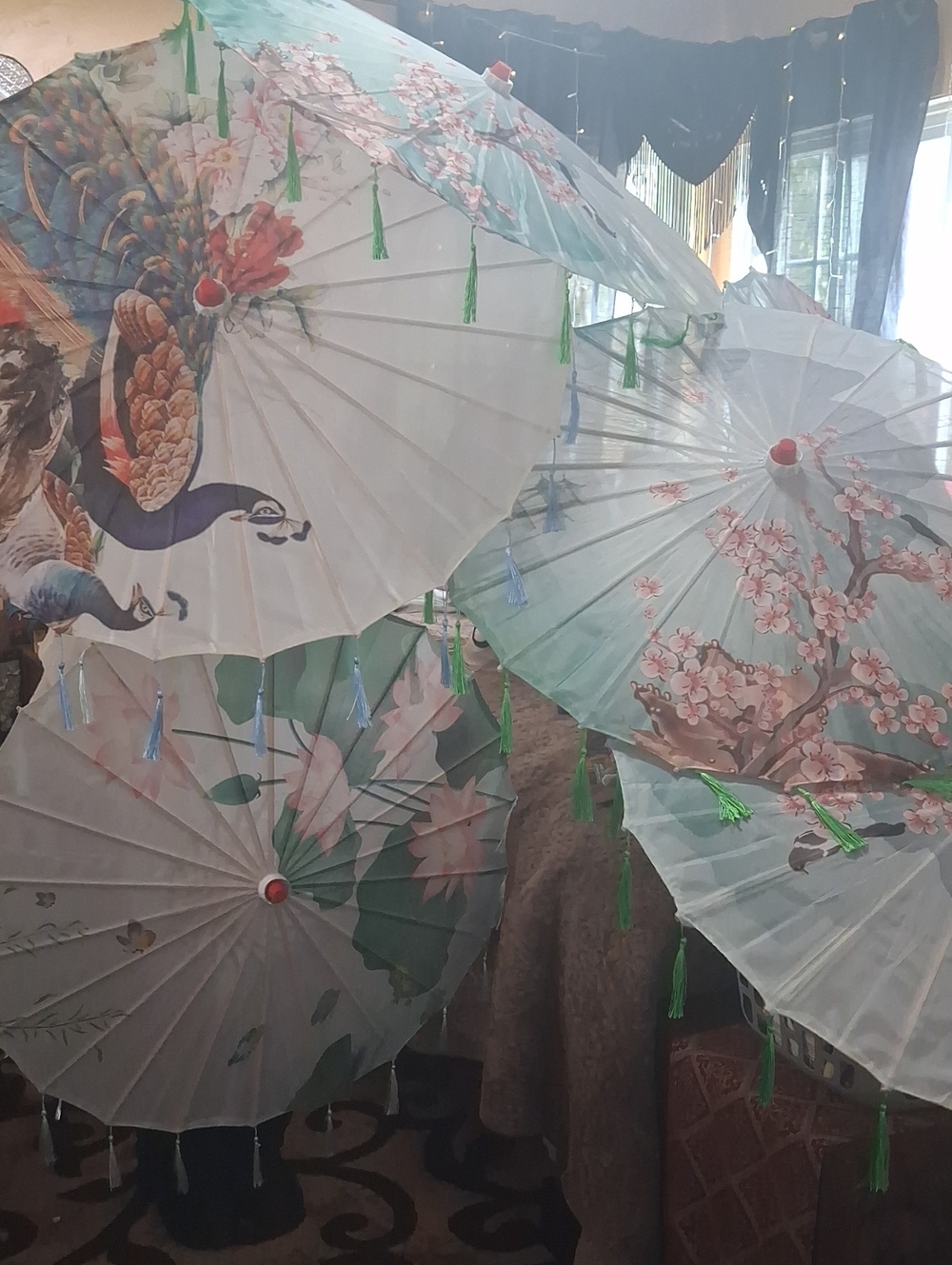 Hand-Painted Light Green Floral Pagoda Umbrella - Unbranded